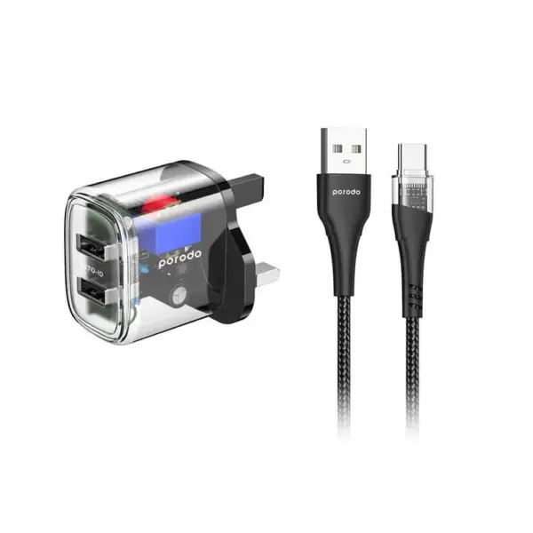 PORODO DUAL OUTPUT TRANSPARENT CHARGER | 1.2M USB-A TO USB-C CABLE INCLUDED